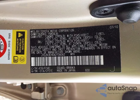 2010 Toyota Highlander Base V6 from USA, damaged, VIN JTEZK3EH0A2106063